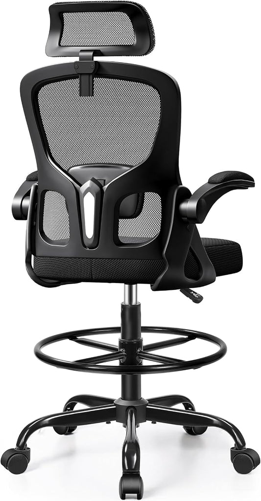 Drafting Chair, Tall Office Chair for Standing Desk, Ergonomic High Back with Headrest, Lumbar Support, Foot Ring and Flip-up Armrests, Black