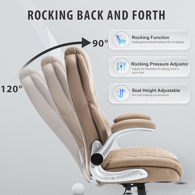 Leather Executive Office Chair, Big and Tall High Back Ergonomic Desk Chairs with Wheels, 90-120° Rocking Managerial Home Computer Chairs with Flip up Arms and Lumbar Support, Light Brown
