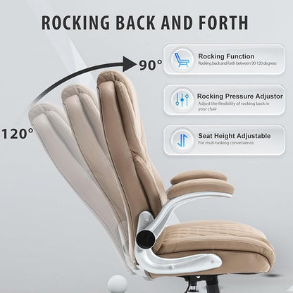Leather Executive Office Chair, Big and Tall High Back Ergonomic Desk Chairs with Wheels, 90-120° Rocking Managerial Home Computer Chairs with Flip up Arms and Lumbar Support, Light Brown