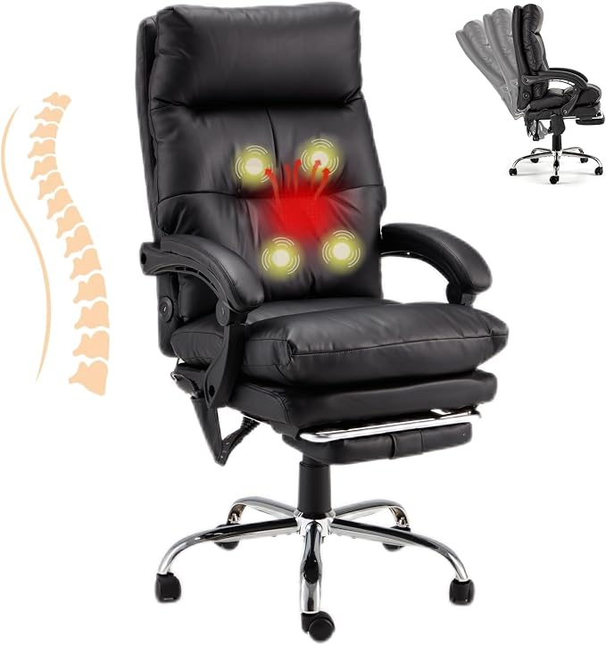 HOMREST Ergonomic Heated Reclining Office Chair, Black | USB Charging, 4-Point Vibration Massage, Adjustable Armrests & Footrest, Premium Leather