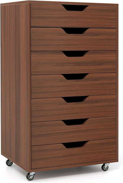 7 Drawer File Cabinet, 34.5" Vertical Storage Drawer Cart, Under Desk Office Organizer, Wooden Printer Stand, Rolling Filing Cabinet for Home Office (Walnut)
