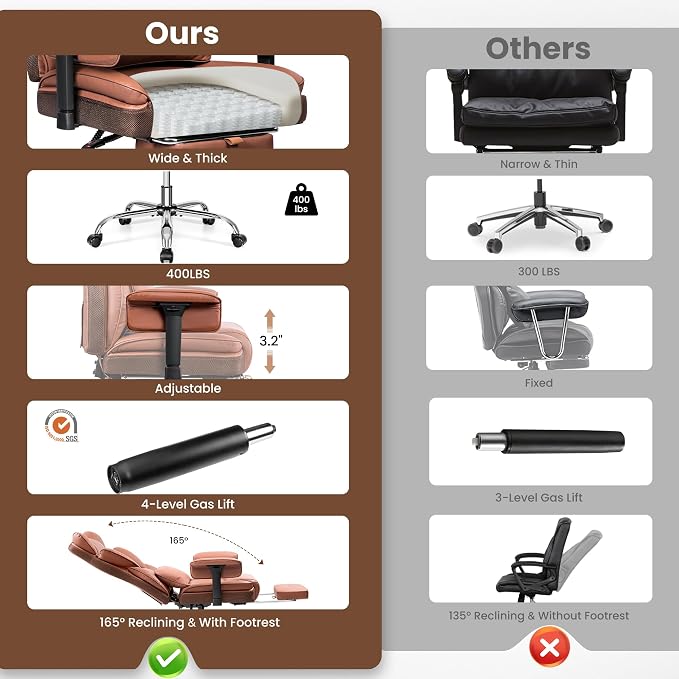 BESTFAIR Big and Tall Office Chair - 400 LBS Capacity Executive Chair with High Back & Footrest, Ergonomic Office Chair for Heavy People, Wide Padded Seat Computer Gaming Chair, Brown 2 Pack