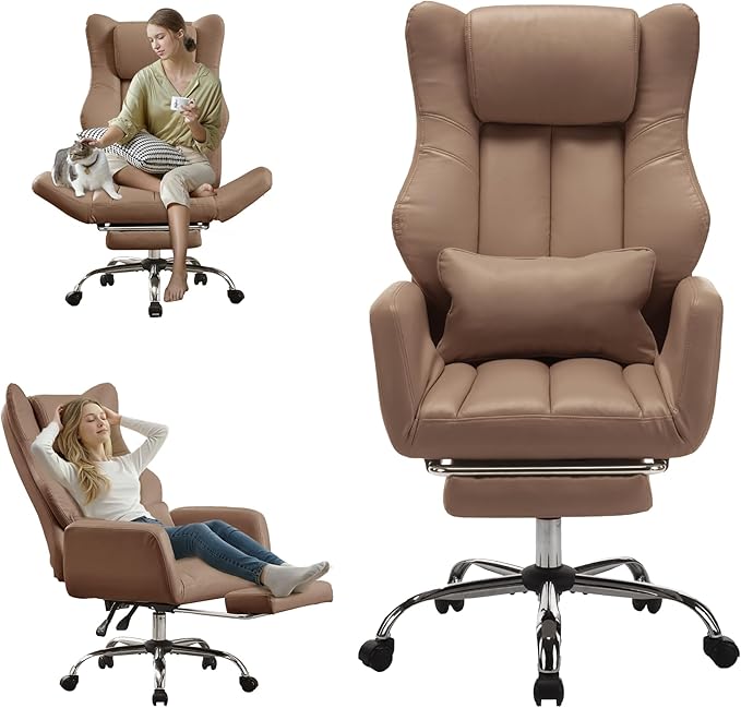 Ergonomic Cross Legged Office Chair with Footrest,Leather Big and Tall Executive Chair with Lumbar Pillow,Reversible Armrest for Pets,155° Reclining Computer Wide Desk Chair for Home,Office, Brown