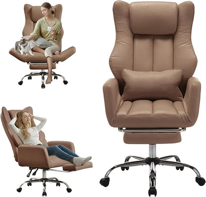 Ergonomic Cross Legged Office Chair with Footrest,Leather Big and Tall Executive Chair with Lumbar Pillow,Reversible Armrest for Pets,155° Reclining Computer Wide Desk Chair for Home,Office, Brown