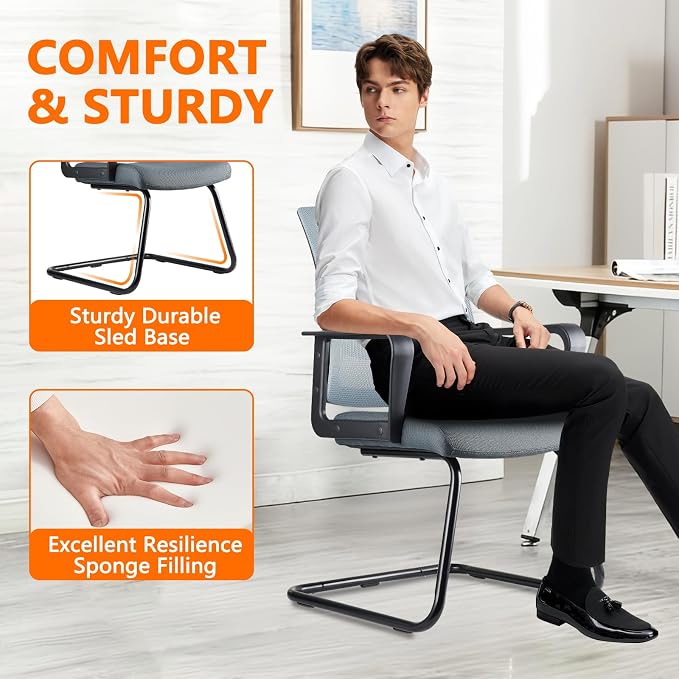 CLATINA Waiting Room Chairs with Armrests and Adjustable Lumbar Support, Breathable Mesh Back Desk Chair No Wheels, Office Guest Chairs & Reception Chair for Conference Room, Grey, 2PK