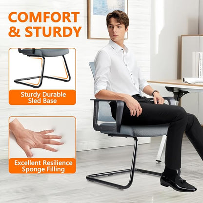 CLATINA Waiting Room Chairs with Armrests and Adjustable Lumbar Support, Breathable Mesh Back Desk Chair No Wheels, Office Guest Chairs & Reception Chair for Conference Room, Grey