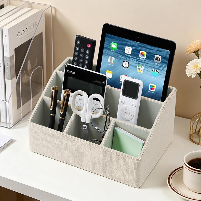 Desk Organizer Caddy with 5 Compartments for Office Art Supplies, PU Leather Nightstand Organizer Pencil Pen Desk Caddy for Home, Desktop TV Remote Control Holder Storage (Linen)