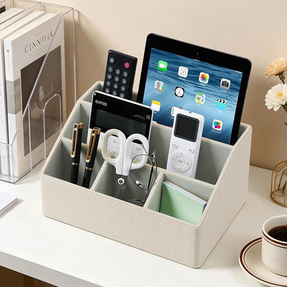 Desk Organizer Caddy with 5 Compartments for Office Art Supplies, PU Leather Nightstand Organizer Pencil Pen Desk Caddy for Home, Desktop TV Remote Control Holder Storage (Linen)