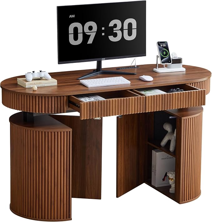 ORRD Electric Standing Desk with Storage and USB & Type-C Charging Ports, Adjustable Height Stand Up Desk, Mid Century Modern Fluted Workstation Desk for Home Office (Walnut)