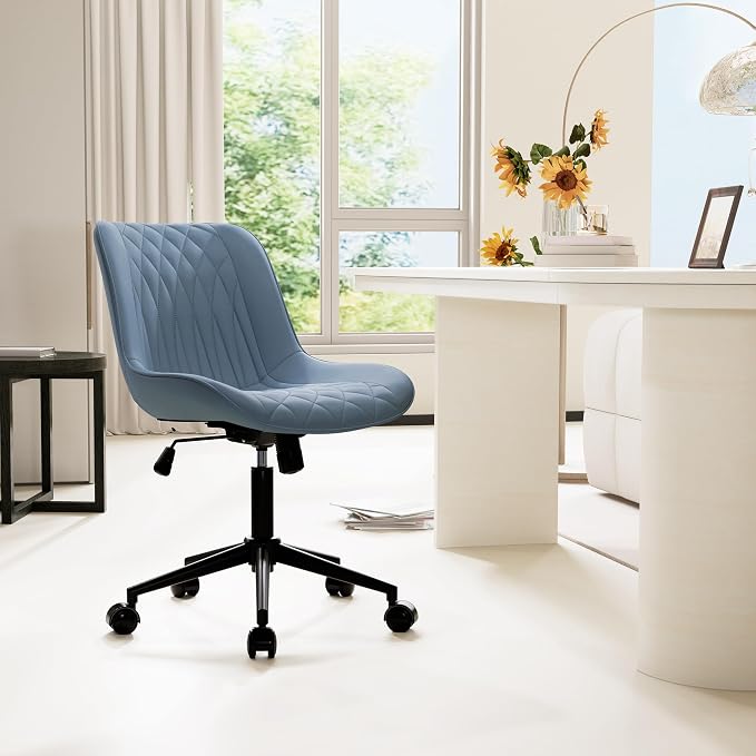 YOUNIKE Blue Office Desk Chair No Arms Vanity Chair with Wheels Modern | Armless, ergonomic high-back design. Comfortable padding and waterproof faux leather. Swivel and height-adjustable.