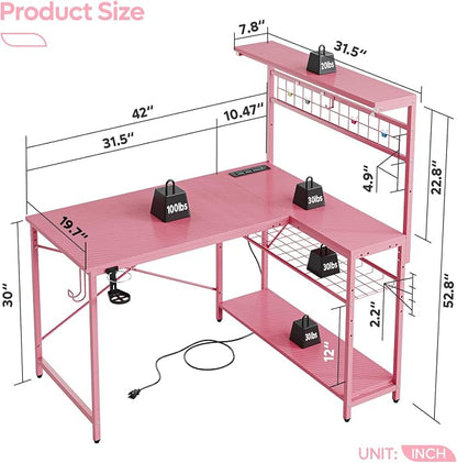 Bestier 42 L Gaming Desk,Computer Desk with Power Outlets, LED Lights, Reversible Corner Desk with 4-Tier Shelves,Cup Holder & Hook Carbon Fiber Pink
