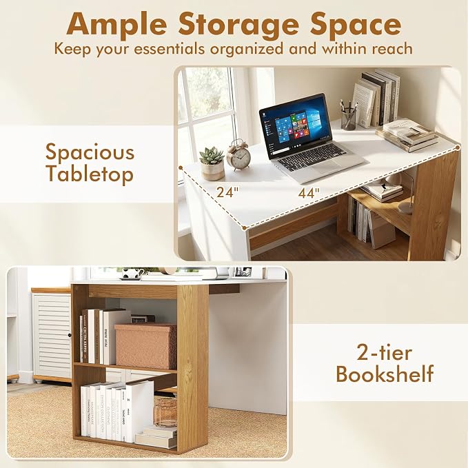 Tangkula Computer Desk, 44" Home Office Desk with 2-Tier Bookshelf, Study Writing Desk, Wooden Laptop Desk for Small Space, PC Workstation for Bedroom & Living Room (White & Natural)
