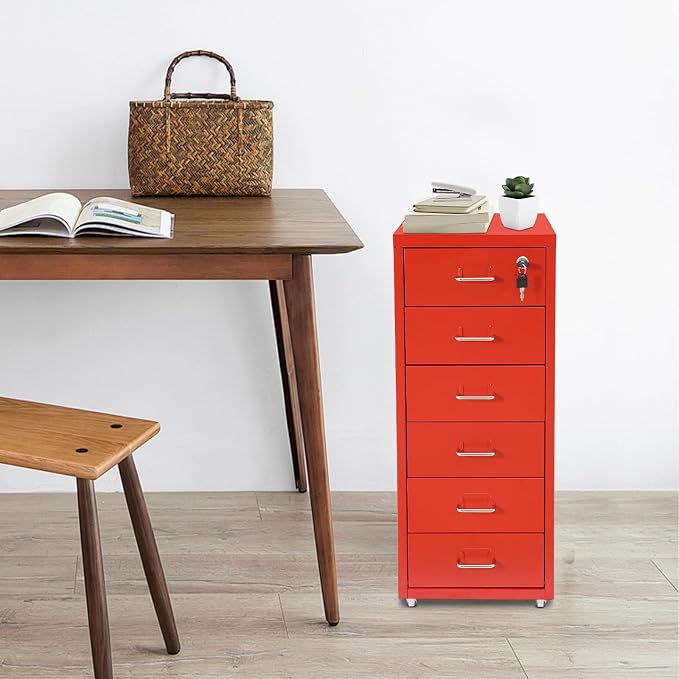 Vertical File Cabinet, 6 Drawers Rolling File Organizer Cabinets with Lock, Heavy Duty Metal Storage Cabinet, Movable Under Desk Filing Cabinet for Office, Study, Dresser (Red)