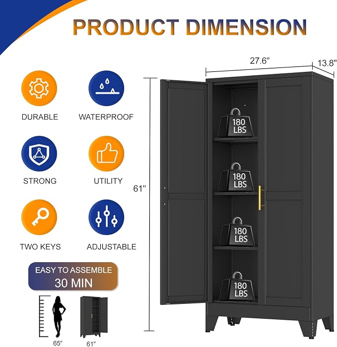 Metal Storage Cabinet with 2 Doors and 3 Adjustable Shelves - 61" Steel File Cabinet,Tool Cabinets for Office,Home,Garage,Gym,School,Bathroom,Kitchen(Black)