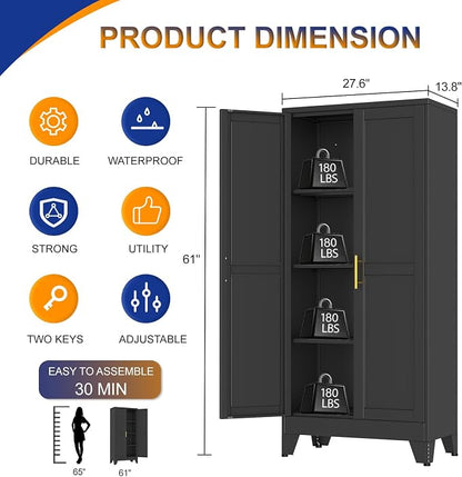 Metal Storage Cabinet with 2 Doors and 3 Adjustable Shelves - 61" Steel File Cabinet,Tool Cabinets for Office,Home,Garage,Gym,School,Bathroom,Kitchen(Black)