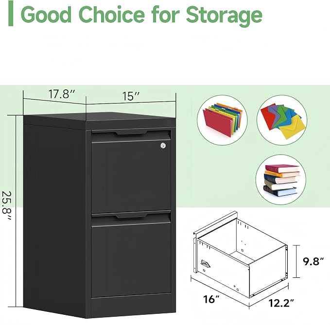 2 Drawer File Cabinet with Lock,Filing Cabinets for Home Office,Metal Small File Cabinet for Letters/Legal/A4 Size, Assembly Required,Black 2 Drawer