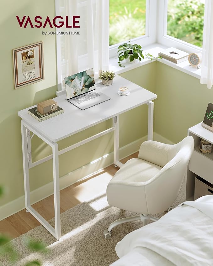 VASAGLE Folding Desk, Foldable Computer Desk, One-Piece Desktop, Rounded Edges, Small Folding Craft Table for Bedroom, Balcony, Camping, Easy Assembly, 31.5 x 15.7 Inches, Matte White ULWD151WF01