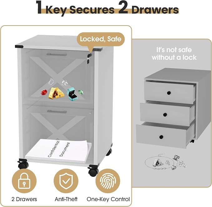Onelike Small Wood File Cabinet with Lock, Nightstand with Charging Station, 2 Drawer Under Desk Lateral Filing Cabinets for Home Office, Printer Stand with Storage, White