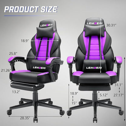 LEMBERI Big and Tall Gaming Chair 400lb Capacity, Heavy-Duty Office Chair with Reinforced Footrest, Wide Seat High Back PC Desk Chair with Linkage Armrests, Thickened Steel Frame, PU Leather, Purple