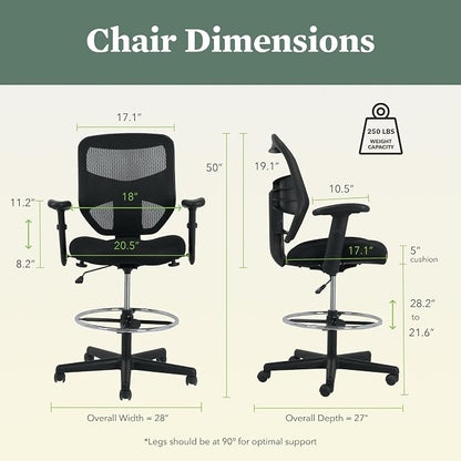 HON Prominent Mesh Ergonomic Standing Office Drafting Chair with Adjustable Arms, Footrest, 360 Swivel Task Chair for Computers, Desk, Home Office, Black