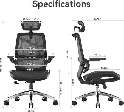 SIHOO M59AS Ergonomic Office Chair, Desk Chair with 3D Flip-up Armrests, Computer Chair with Dual Back Design and Adaptive Dynamic Lumbar Support Black