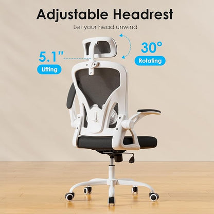 Farini Ergonomic Office Chair, Home Office Desk Chair with Headrest, High Back Swivel Computer Chair with Armrests and Adjustable Lumbar Support for Home Office Study Room, White & Black
