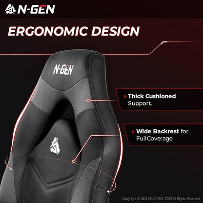 N-GEN Video Gaming Chair Ergonomic Computer Desk Office Chair with Lumbar Support Adjustable Height Swivel Wheels Flip-Up Arms PU Leather Home and Office (Grey)