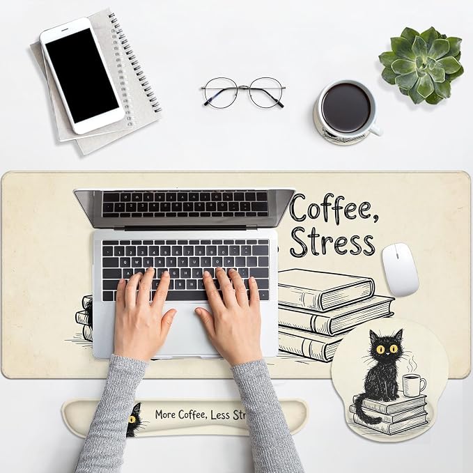 Britimes Black Cat Coffee Keyboard Mouse Pad Set Vintage Funny Book 4in1 Large Mousepad+Keyboard Wrist Rest+Mouse Wrist Rest+Coaster Ergonomic Design for Home Office Computer 35.4x15.7 inches