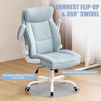Executive Office Chair with High Back, Computer Desk Chair with Lumbar Support,Comfortable Leather Home Office Chairs 400lbs with Padded Flip-up Armrests, Adjustable Height,Tilting, LightBlue