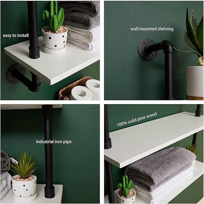 HDDFER Industrial Pipe Shelving Rustic White Pipe Wall Shelves Bathroom Shelves with Wood Planks Industrial Floating Shelves 30 Inch Farmhouse Bookshelf Pipe Shelves Wall Mounted