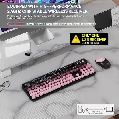 Wireless Keyboard and Mouse Combo, Cute Colorful Keyboard and Mouse, Full-Size Retro Typewriter Keyboard with 2.4GHz Plug & Play, for Windows 11/10/7, Laptop, PC -BlackBerry