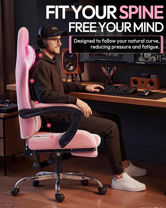 Dowinx Ergonomic Gaming Chair with Footrest & Massage Lumbar, 2D-Linkage Armrests for Computer Chair 330lbs with Headrest Pillow for Office, Home, Streaming and Long Gaming Sessions, Bright Pink