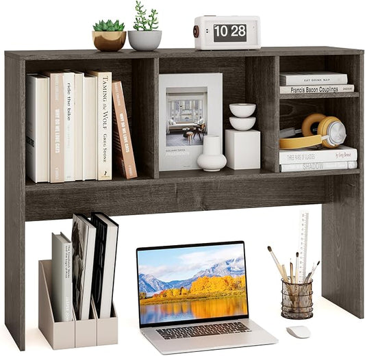 GOFLAME 4 Cubes Desktop Bookshelf, 37” Tabletop Wood Desk Shelf for Computer Monitor, Modern Countertop Desk Display Hutch Storage Organizer Shelf for Home Office, Dorm, Study, Gray
