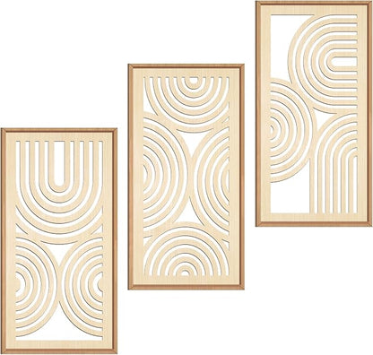 IARTTOP Boho Wooden Framed Wall Art Set of 3 Mid-Century Modern Wood Wall Decor Minimalist Natural Bohemian Home Decor for Living Room Dining Room Office
