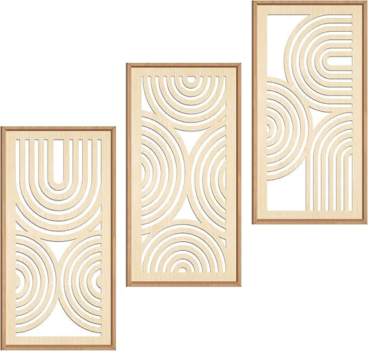 IARTTOP Boho Wooden Framed Wall Art Set of 3 Mid-Century Modern Wood Wall Decor Minimalist Natural Bohemian Home Decor for Living Room Dining Room Office