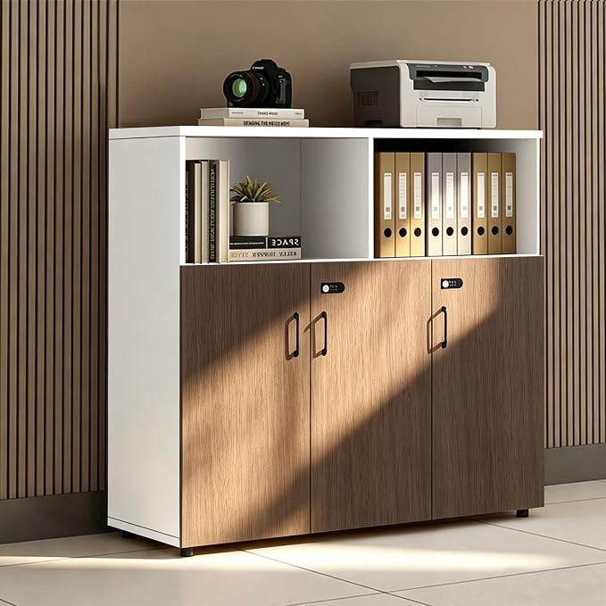 File Cabinet with Password Lock, Wood Lateral Filing Cabinet for Letter/A4 Files, 3 Drawer with Door, Printer Stand with Open Shelves for Home Office
