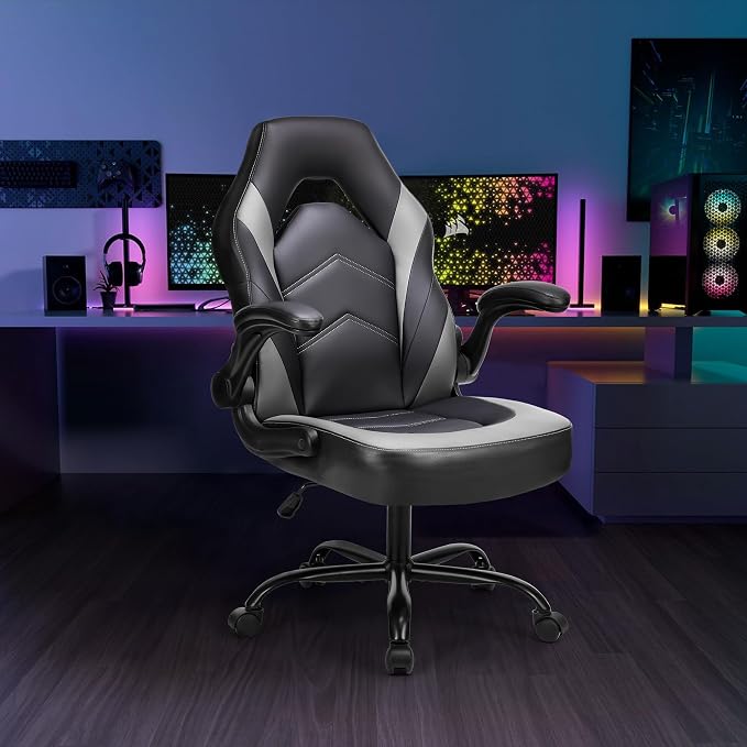 OLIXIS Computer Gaming Desk Chair - Ergonomic Video Game with Comfy Lumbar Support and headrest, PU Leather with Flip-up Arms, Adjustable Height and Swivel Wheels, for Adults, Black and Grey