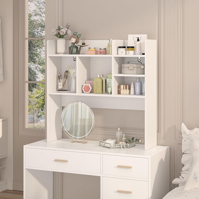 Desk Hutch with 6 Shelves, Desktop Bookshelf Organizer & Hutch Top for Desk, Over Desk Storage Shelf for Office, Home, Dorm | Space-Saving Design (White)
