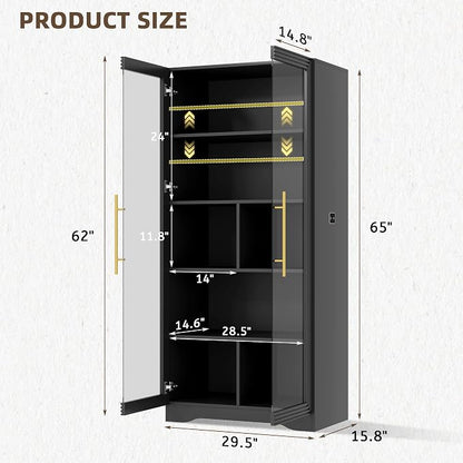 Vlsrka LED Display Cabinet with Glass Doors, Modern Storage Cabinet with 5 Tier Adjustable Shelves, Human Sensor, for Collectibles, 65" Tall Bookcase for Home Office Living Room, Black