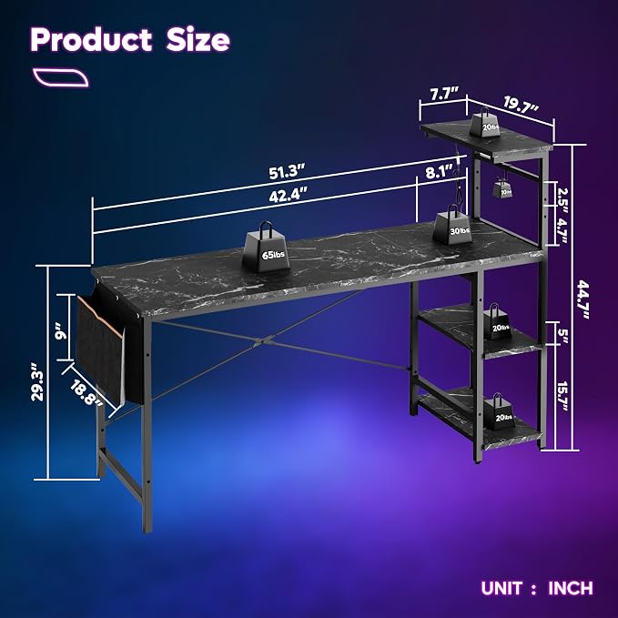 Bestier Gaming Desk with LED Lights, 51.3 Inch Computer Desk with 4 Tiers Reversible Shelves, Gamer Desk with Side Storage Bag, Hooks and Height Adjustable Shelf (Black Marble)