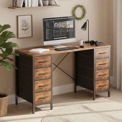 Sweetcrispy Computer Desk with 8 Fabric Drawers for Home Office Bedroom, 47 Inch Gaming Writing Study Table with X-Shaped Reinforced Structure PC Desk, Brown