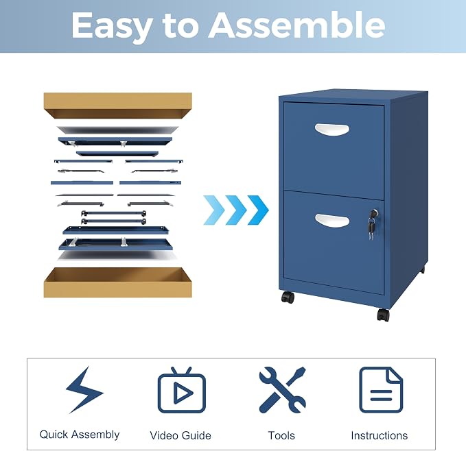 UNICOLY 2 Drawer File Cabinet with Lock, Filing Cabinets with Wheels, Rolling File Cabinets for Home Office, Metal Office File Cabinet, Mobile Filing Cabinet for Holding Letters and File Boxes, Blue
