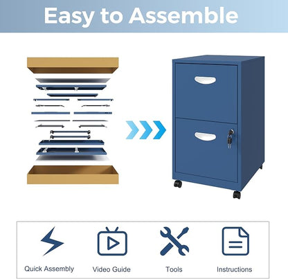 UNICOLY 2 Drawer File Cabinet with Lock, Filing Cabinets with Wheels, Rolling File Cabinets for Home Office, Metal Office File Cabinet, Mobile Filing Cabinet for Holding Letters and File Boxes, Blue