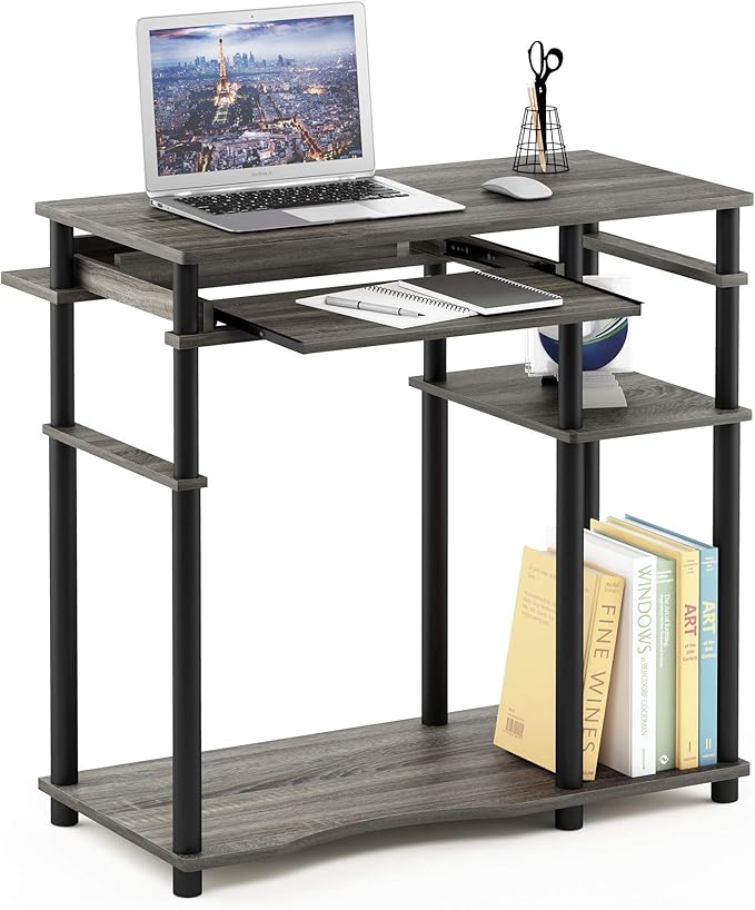 Furinno Abbott Desk, 31.5 Inch Grey Computer Desk with Keyboard Tray, Easy Assembly Gaming Desk with Storage Shelf, Office Desk for Home Office, Bedroom, Grey Oak