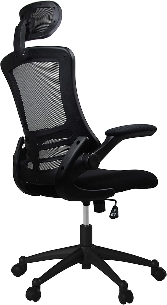 Techni Mobili Modern Ergonomic High-Back Office Chair, Executive Mesh Home Office Chair with Adjustable Headrest & Flip Up Arms, Black , 49.5" x 26.37" x 26.37"