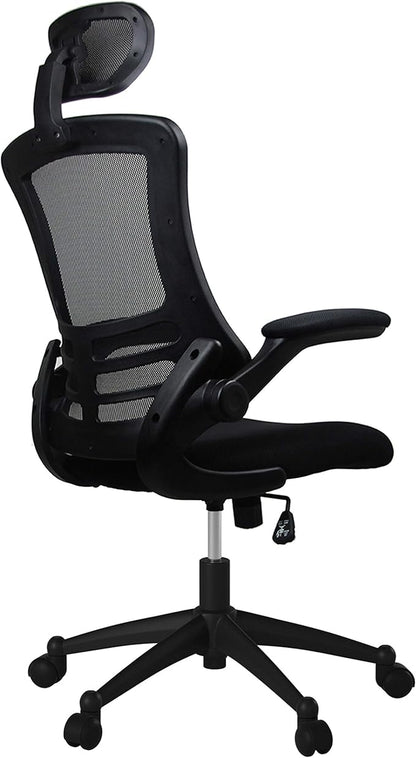 Techni Mobili Modern Ergonomic High-Back Office Chair, Executive Mesh Home Office Chair with Adjustable Headrest & Flip Up Arms, Black , 49.5" x 26.37" x 26.37"