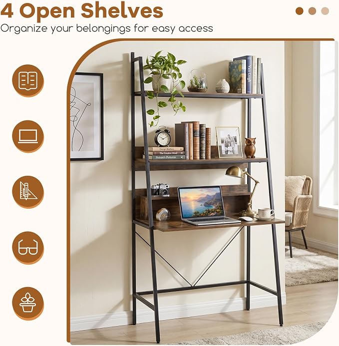 Tangkula 3-Tier Ladder Computer Desk, 71 Inch Modern Writing Desk with Storage Shelves, PC Laptop Workstation, Ladder Bookcase Stand Shelf with Metal Frame, Study Shelf Desk for Home Office (Brown)