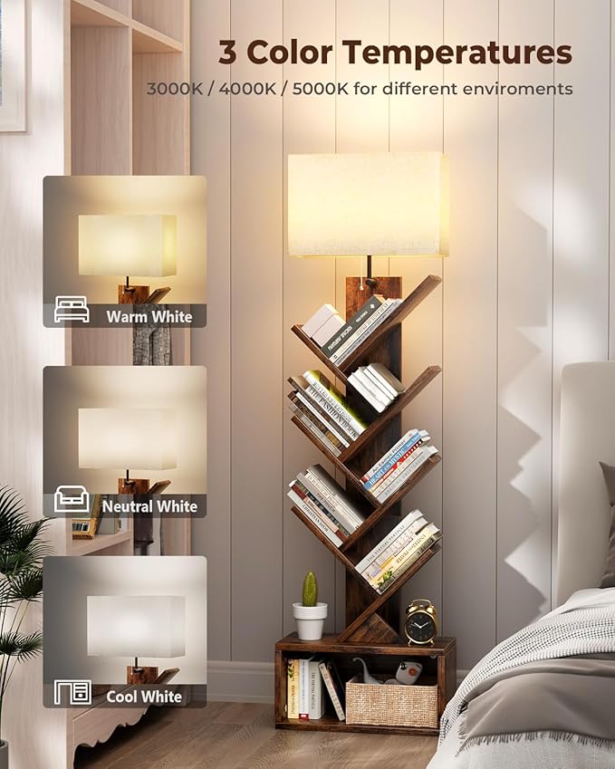 Evermagin 6 Tier Tree Bookshelf with Smart Light, Small Bookcase Tower with Remote Control, Tall Floor Standing Book Organizer for Living Room, Bedroom & Home Office, Rustic Brown