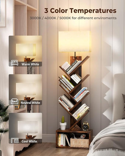 Evermagin 6 Tier Tree Bookshelf with Smart Light, Small Bookcase Tower with Remote Control, Tall Floor Standing Book Organizer for Living Room, Bedroom & Home Office, Rustic Brown