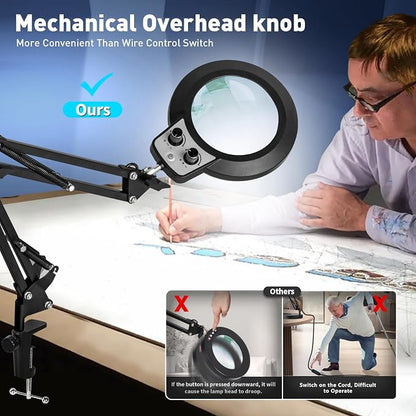 KIRKAS 12X Magnifying Glass with Light and Stand, Overhead Knob Magnifying Lamp for Workbench Craft, Sewing, LED Lighted Magnifier Real Glass Lens Adjust Arm Stepless Dimming and Color(22in Clamp)